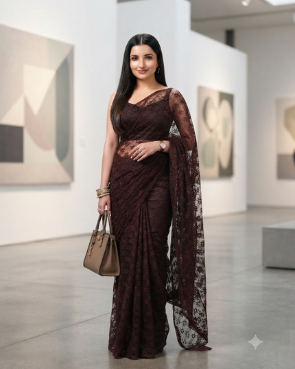 Women’s Net Sequin Embroidered saree Soft Net saree party, wear Chiffon wedding Silk georgette latest, Net sarees Heavy design Function Festive farewell saree for women (Brown)