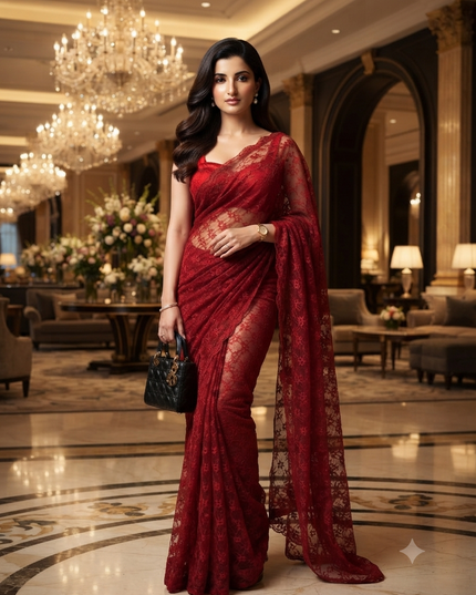 Women’s Net Sequin Embroidered saree Soft Net saree party, wear Chiffon wedding Silk georgette latest, Net sarees Heavy design Function Festive farewell saree for women (Red)