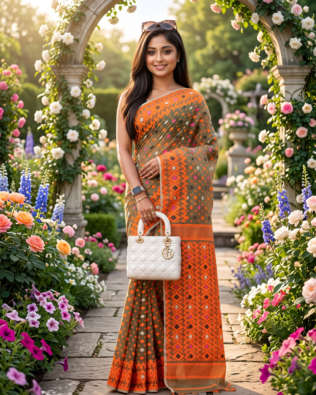 Hirokduti Resham Dhakai jamdani Bengal Pure Cotton Handloom Saree without Blouse Piece