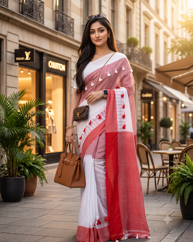 Red & White Pom Pom Design Bengali Tant Pure Cotton Saree for Women