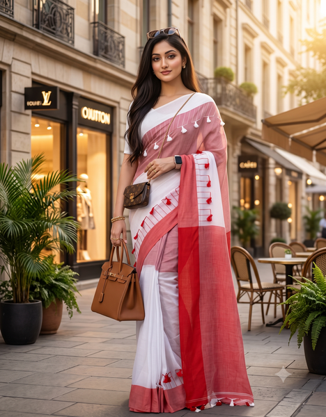 Red & White Pom Pom Design Bengali Tant Pure Cotton Saree for Women
