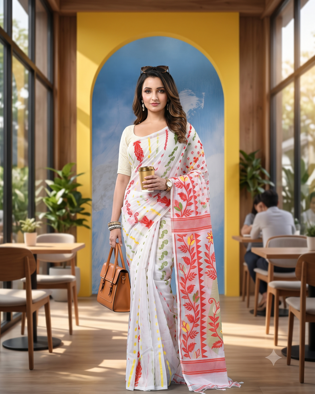 Exquisite Handloom Cotton Blend Soft Dhakai Jamdani Saree with Woven Design