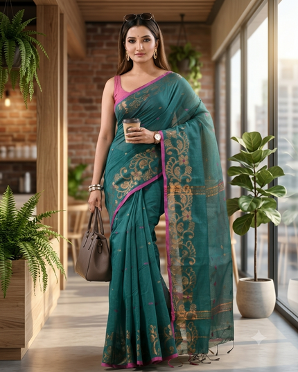 Women cotton silk tant handloom saree mysore party, wear sarees latest, design wedding, banarasi design georgette saree soft silk cotton MidNight Zari sarees for women (Tute)