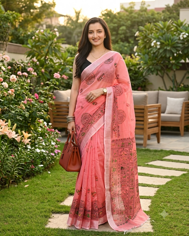 dB DESH BIDESH Women`s Cotton Saree for Woman | Saree for Woman Cotton Blend Tribal Mandala Printed Traditional Sari for Farewell Office Daily Wear with Blouse Piece (Pink)