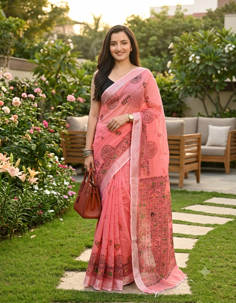 dB DESH BIDESH Women`s Cotton Saree for Woman | Saree for Woman Cotton Blend Tribal Mandala Printed Traditional Sari for Farewell Office Daily Wear with Blouse Piece (Pink)