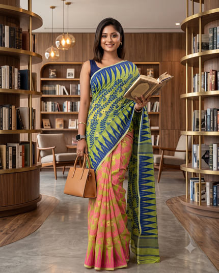 Tamarind Leaf Resham Dhakai Jamdani Pure Cotton Handloom Saree Design without Blouse Piece