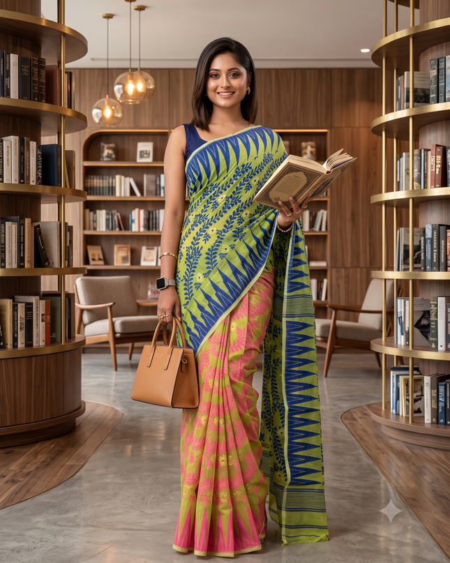 Tamarind Leaf Resham Dhakai Jamdani Pure Cotton Handloom Saree Design without Blouse Piece