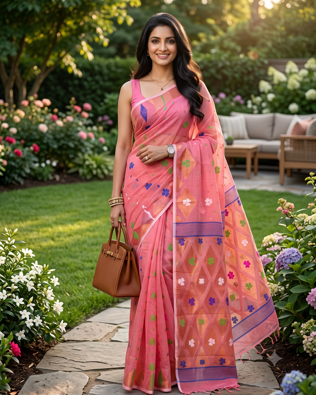 Exquisite Pink & Purple Floral Woven Design Jamdani Saree with Blouse Piece