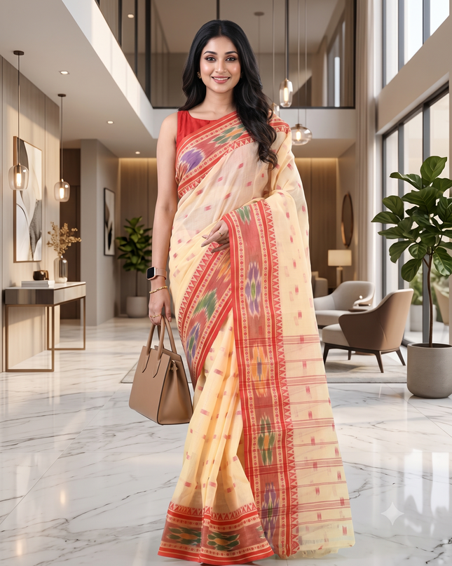 Beige & Red Floral Motifs Pure Cotton Saree with Blouse Piece