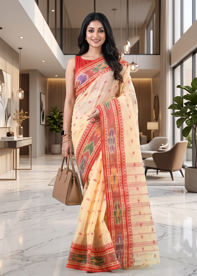 Beige & Red Floral Motifs Pure Cotton Saree with Blouse Piece
