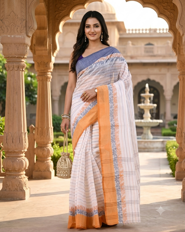 Women Tant cotton saree for woman party, wear sarees cotton georgette handloom wedding new chiffon collection sarees for women latest, Chitralekha design (Blue Orange)