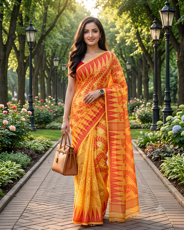 Tamarind Leaf Resham Dhakai Jamdani Bengal Pure Cotton Handloom Saree Whole Body Design without Blouse Piece