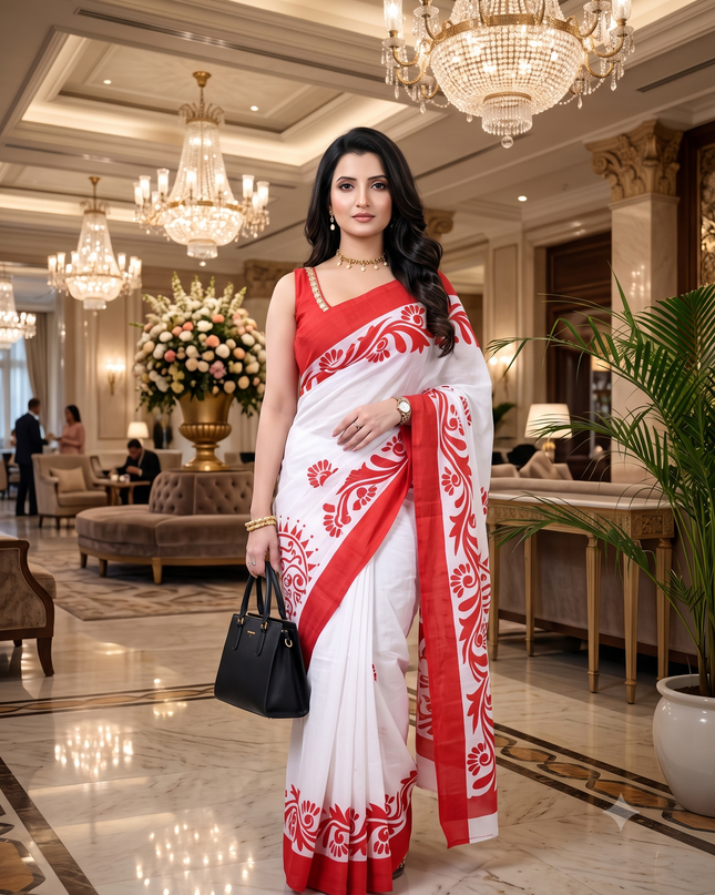 DESH BIDESH Ethnic Motifs Printed Pure Cotton LaalShwet Mulmul Saree