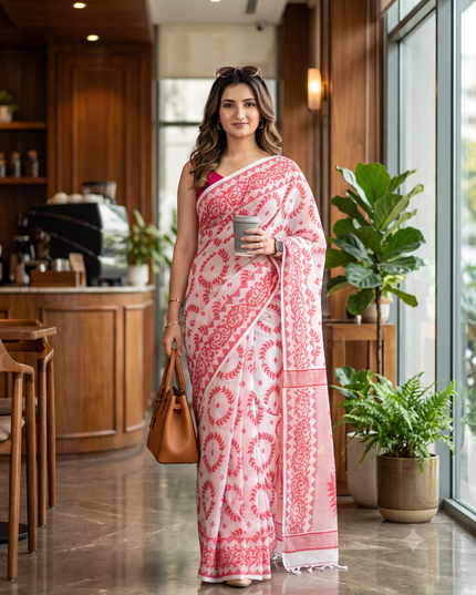 Exquisite Red & White Woven Design Jamdani Saree with Elegant Floral Patterns