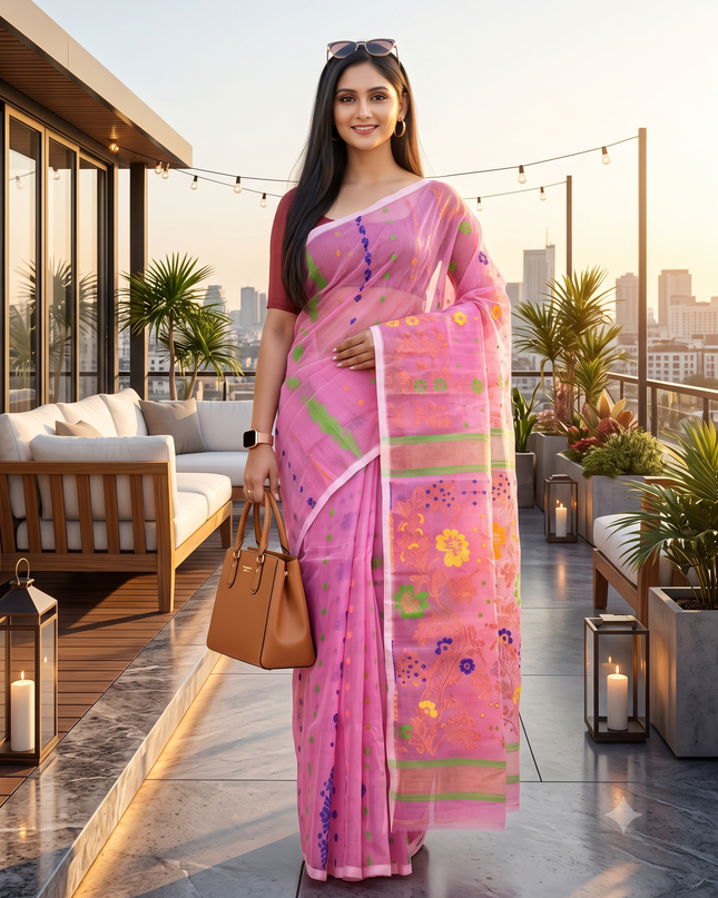 Pink & Blue Jamdani Saree with Ethnic Motifs and Woven Design