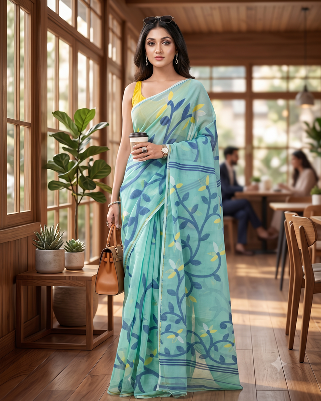 Turquoise Blue & Yellow Woven Design Linen Blend Jamdani Saree