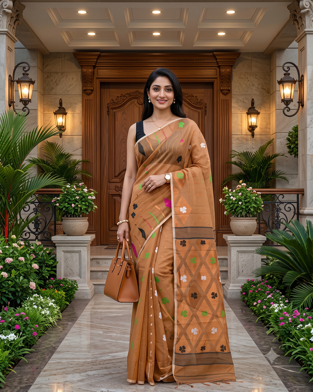 Gold-Toned & Green Jamdani Saree with Ethnic Motifs Woven Design Border