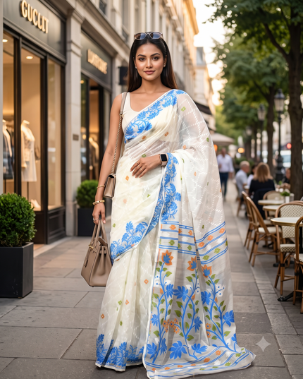 dB DESH BIDESH Women's Jamdani Sarees For Women for Party Festival Wear Kusumlata Design Soft Cotton Linen saree for woman Without Blouse piece (White Blue)