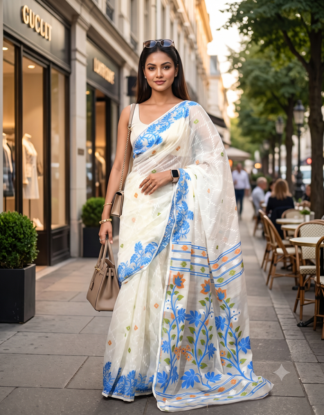 dB DESH BIDESH Women's Jamdani Sarees For Women for Party Festival Wear Kusumlata Design Soft Cotton Linen saree for woman Without Blouse piece (White Blue)