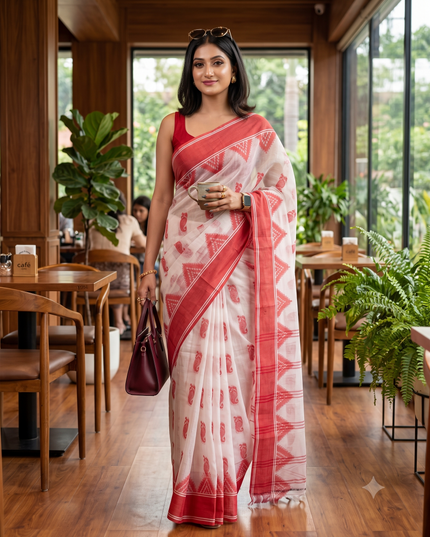 Elegant White & Red Pure Cotton Taant Saree with Paisley Woven Design Border