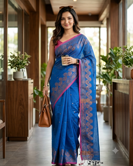 Women cotton silk tant handloom saree mysore party, wear sarees latest, design wedding, kanjivaram georgette chiffon saree soft silk cotton Senzia design sarees for women (Royal Blue)