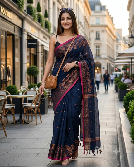 Women cotton silk tant handloom saree mysore party, wear sarees latest, design wedding, kanjivaram georgette chiffon saree soft silk cotton Senzia design sarees for women (Dark Blue)