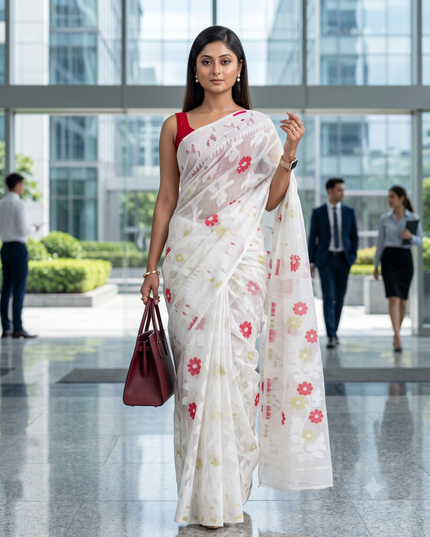 White & Red Pure Cotton Jamdani Saree, Woven Zari Design