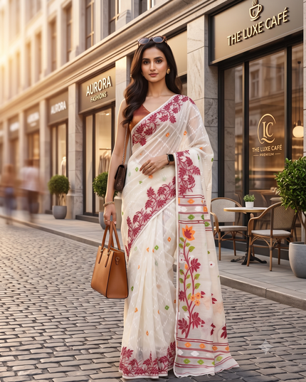 dB DESH BIDESH Women's Jamdani Sarees For Women for Party Festival Wear Kusumlata Design Soft Cotton Linen saree for woman Without Blouse piece (White Maroon)