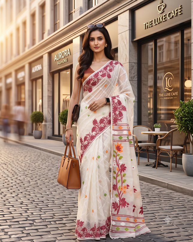 dB DESH BIDESH Women's Jamdani Sarees For Women for Party Festival Wear Kusumlata Design Soft Cotton Linen saree for woman Without Blouse piece (White Maroon)