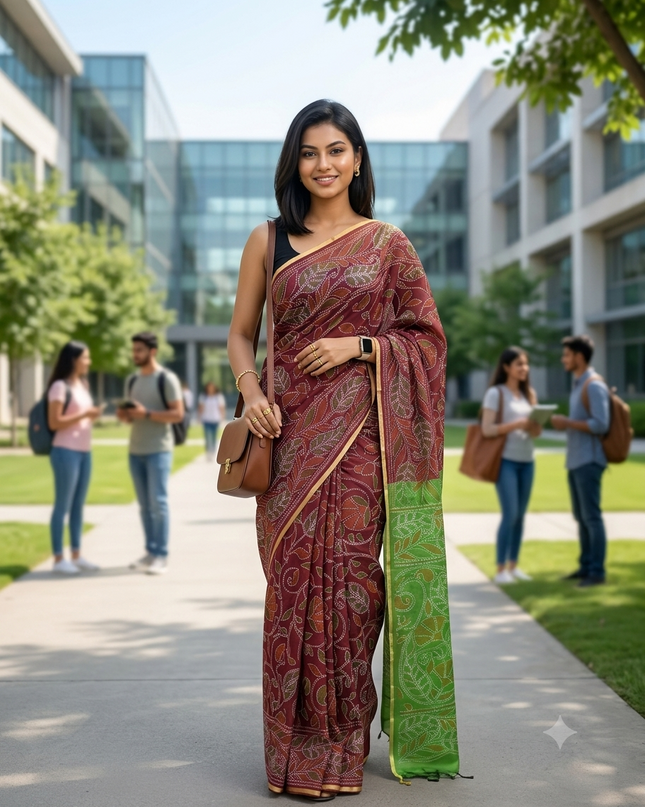 dB DESH BIDESH Women`s Cotton Saree For Woman Nakshakata Flower Kolka Leaf Embroidery Printed Trendy Soft Cotton Silk Women Sarees with Blouse Piece (Reddis Brown Green)