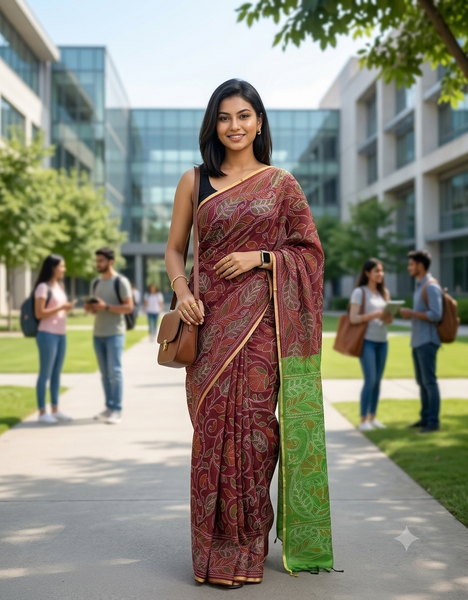 dB DESH BIDESH Women`s Cotton Saree For Woman Nakshakata Flower Kolka Leaf Embroidery Printed Trendy Soft Cotton Silk Women Sarees with Blouse Piece (Reddis Brown Green)