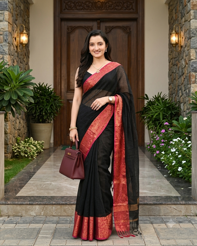 dB DESH BIDESH Women's Soft Cotton Linen Saree For Woman Kolkamoyee Trendy festival Silk Saree For Wedding Banarasi Style Pallu Sari With Blouse Piece (Black)