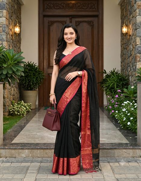 dB DESH BIDESH Women's Soft Cotton Linen Saree For Woman Kolkamoyee Trendy festival Silk Saree For Wedding Banarasi Style Pallu Sari With Blouse Piece (Black)