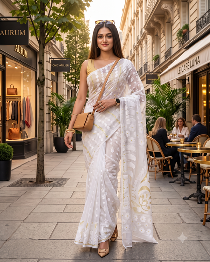 Exquisite White & Gold Pure Cotton Jamdani Saree with Woven Zari Border