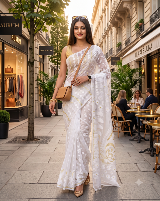 Exquisite White & Gold Pure Cotton Jamdani Saree with Woven Zari Border