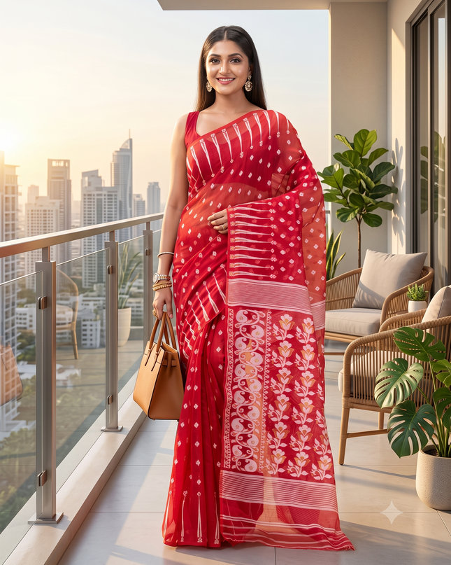 Cotton Blend Handloom 2D Organza Saree Without Blouse Piece