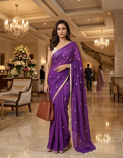 dB DESH BIDESH Women`s Cotton Sarees For Women Office Wear HeartBeat Embroidery Saree Design Soft Cotton Silk Saree With Blouse Piece (Purple)