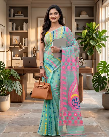 Firoza Pink Pure Cotton Jamdani Saree with Ethnic Motifs