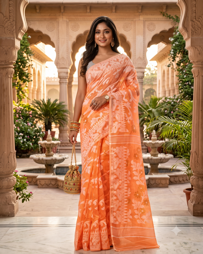 Orange White Pure Cotton Jamdani Saree with Woven Floral Design