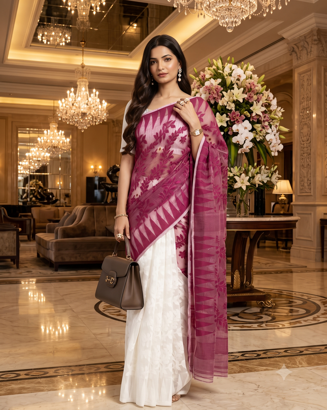 Magenta & White Ethnic Motifs Pure Cotton Taant Saree