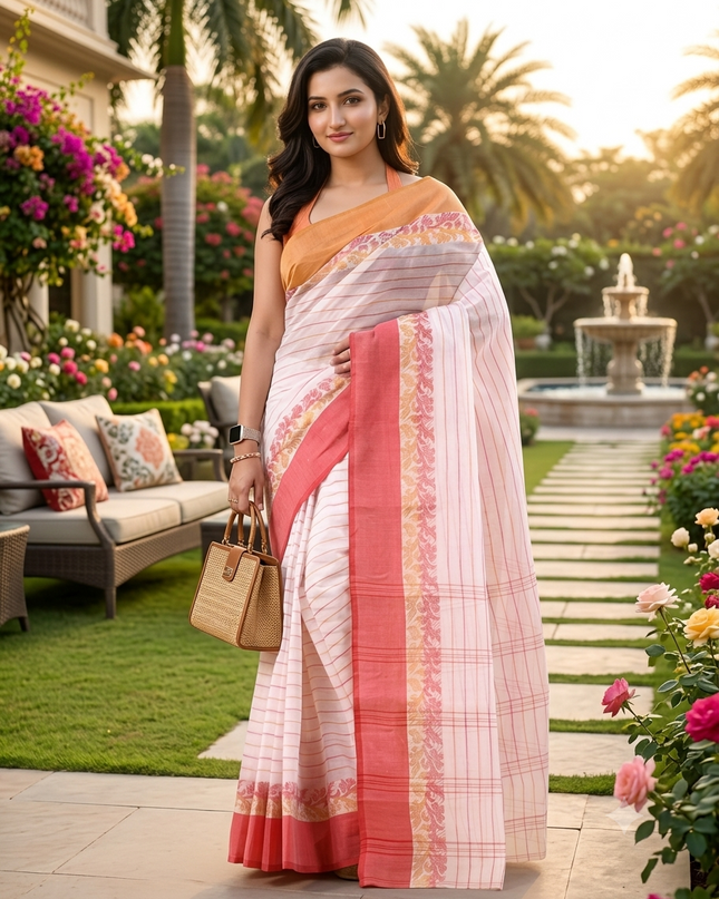 Women Tant cotton saree for woman party, wear sarees cotton georgette handloom wedding new chiffon collection sarees for women latest, Chitralekha design (Red Orange)