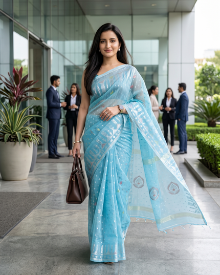 dB DESH BIDESH Women's Soft Cotton Silk Jamdani Sarees For Women for Party Festival Wedding Silk Saree GlamQueen Gold Work Design Without Blouse piece (Blue)