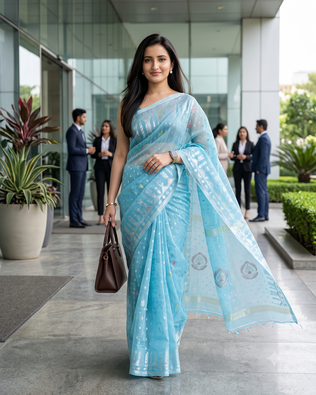 dB DESH BIDESH Women's Soft Cotton Silk Jamdani Sarees For Women for Party Festival Wedding Silk Saree GlamQueen Gold Work Design Without Blouse piece (Blue)