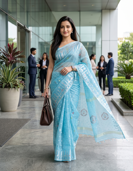 dB DESH BIDESH Women's Soft Cotton Silk Jamdani Sarees For Women for Party Festival Wedding Silk Saree GlamQueen Gold Work Design Without Blouse piece (Blue)