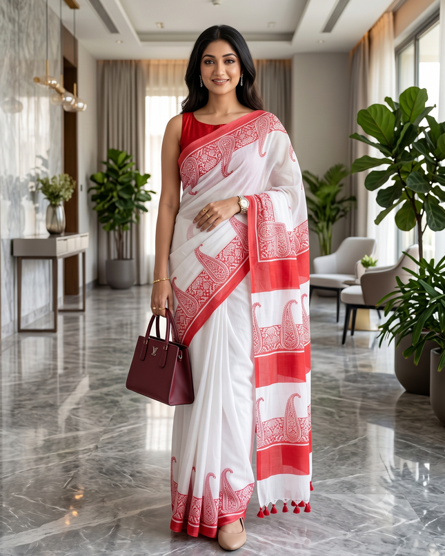 Elegant Paisley Printed Pure Cotton Saree with Solid Border