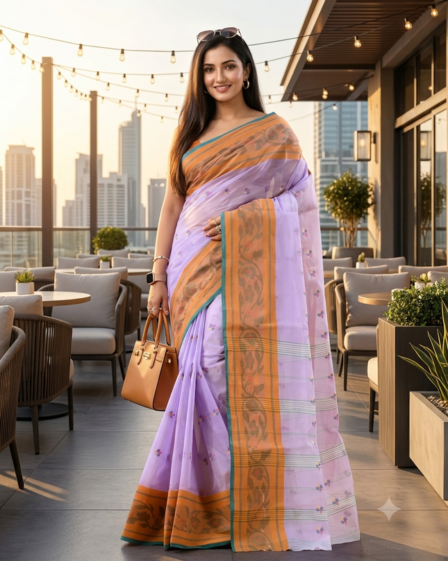 Women Tant cotton saree for woman party, wear handloom sarees for women cotton georgette chettinad cotton silk sarees for women latest, Vasantika design (Purple)