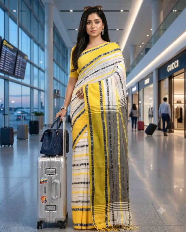 Women`s Traditional Bengali Bengamuri Pure Handloom Cotton Saree With Blouse Piece