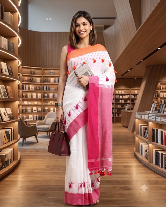 Solid Pure Cotton Tassel Design Taant Saree