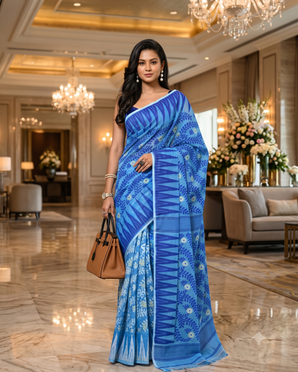 dB DESH BIDESH Women's Traditional Bengal Soft Cotton Silk Jamdani Sarees For Women Tentullata Design Cotton saree for woman Without Blouse piece | Ethnic Wear Sari (Blue White)