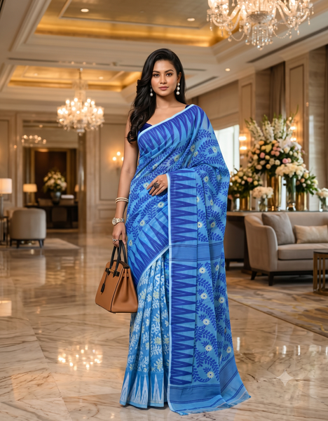 dB DESH BIDESH Women's Traditional Bengal Soft Cotton Silk Jamdani Sarees For Women Tentullata Design Cotton saree for woman Without Blouse piece | Ethnic Wear Sari (Blue White)